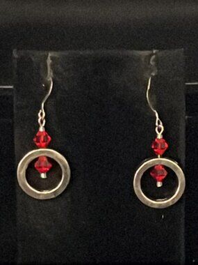 Open Silver Tone Circle with 2 Faceted Red Beads Earrings